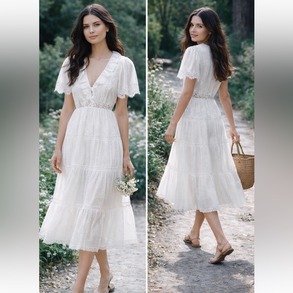 NWT DÔEN Gabriella Lace Cotton Midi Dress in white Sz S